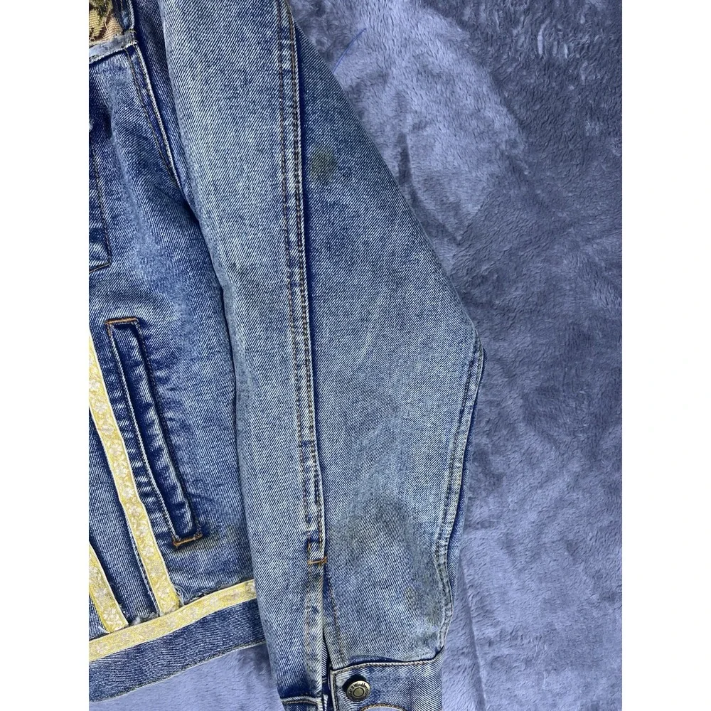 Windbreaker Vintage Denim Jacket XL Tapestry Panels Acid Wash Blue Yellow Trim